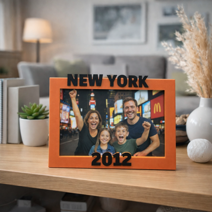 3D tištěný oranžový fotorámeček s motivem rodiny, mrakodrapů a nápisem New York 2012.