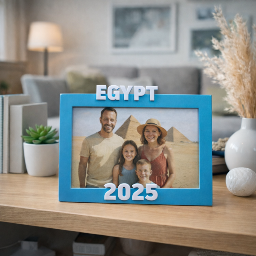 3D tištěný modrý fotorámeček s motivem pyramid a nápisem Egypt 2025.