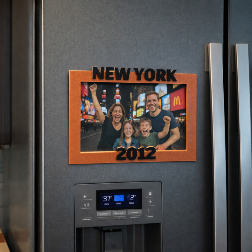 3D tištěný oranžový fotorámeček s motivem rodiny, mrakodrapů a nápisem New York 2012.
